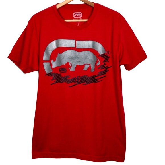 Ecko Unltd Shirt Men Medium Red Short Sleeve Gray Rhino Graphic T Streetwear - Picture 2 of 13